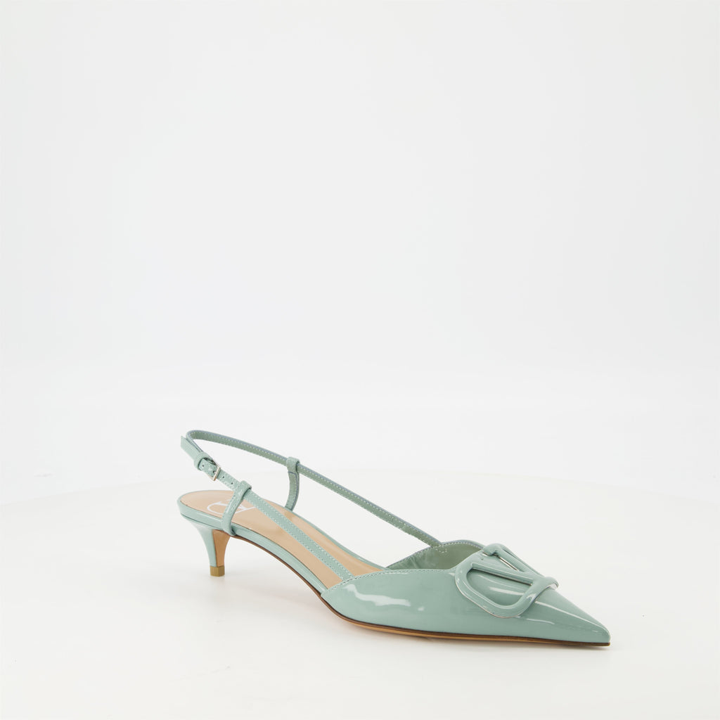 green pumps, patent leather shoes, VLogo footwear, women’s heels, designer pumps