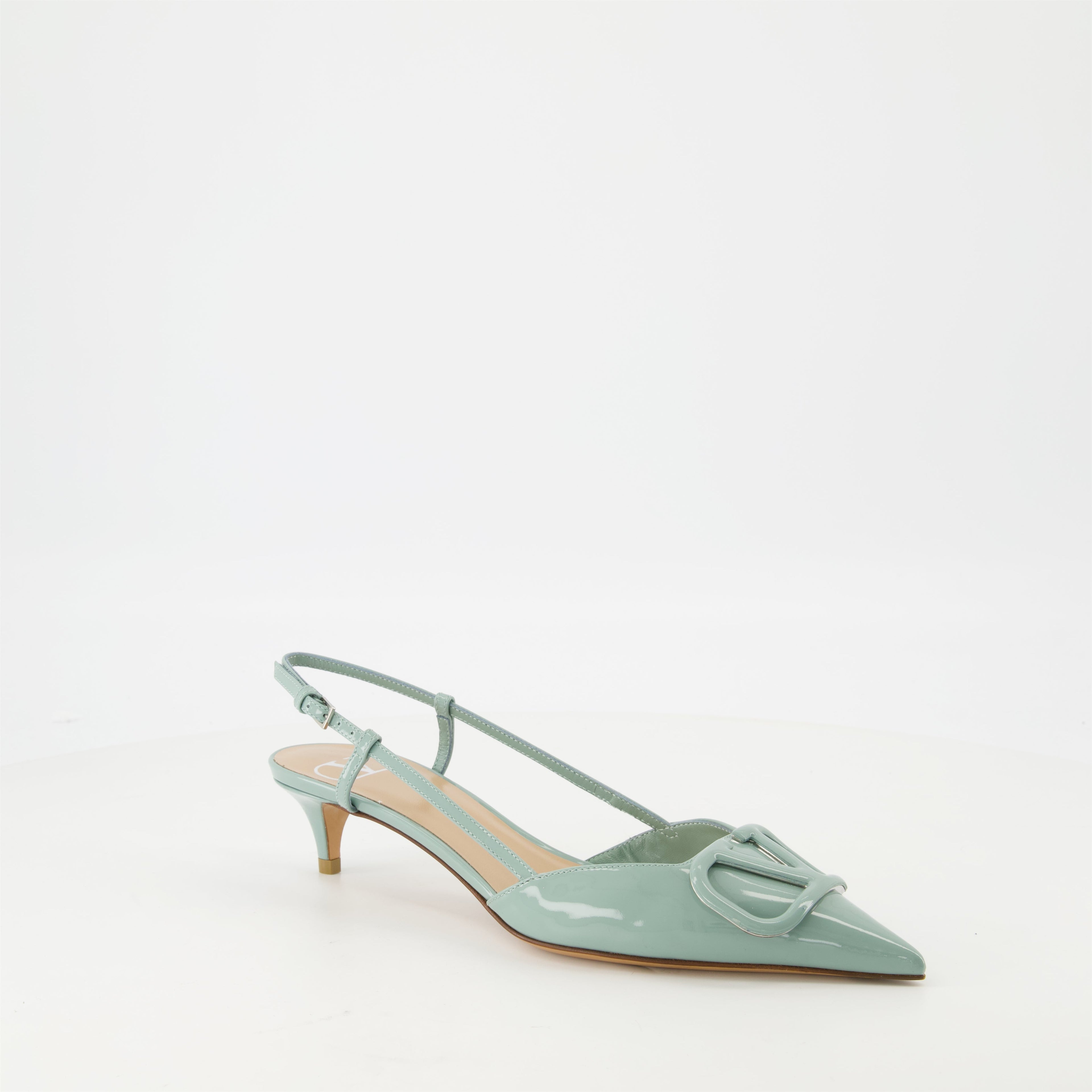 green pumps, patent leather shoes, VLogo footwear, women’s heels, designer pumps