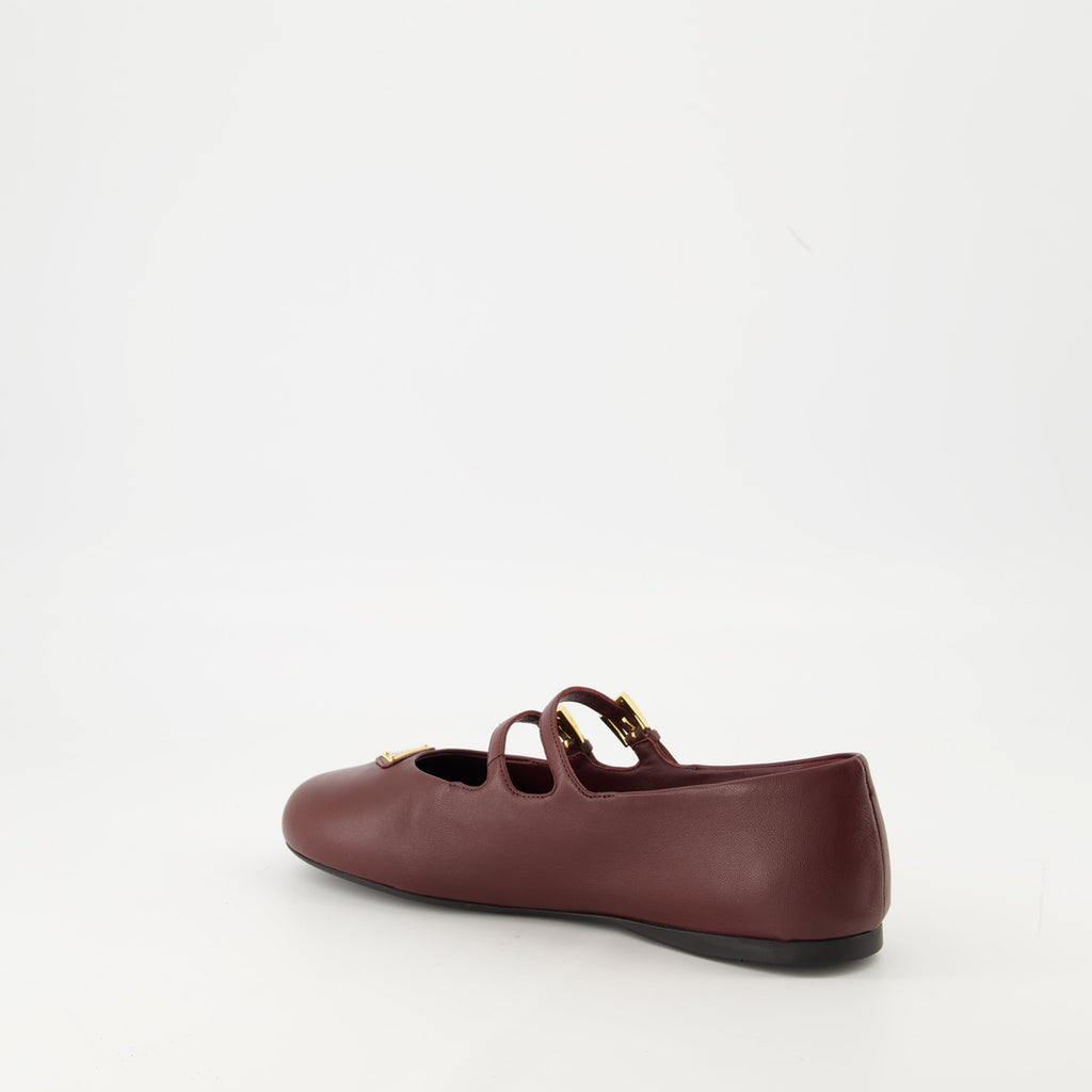Prada ballerinas, bordeaux leather shoes, adjustable strap ballerinas, rounded toe flats, nappa leather footwear