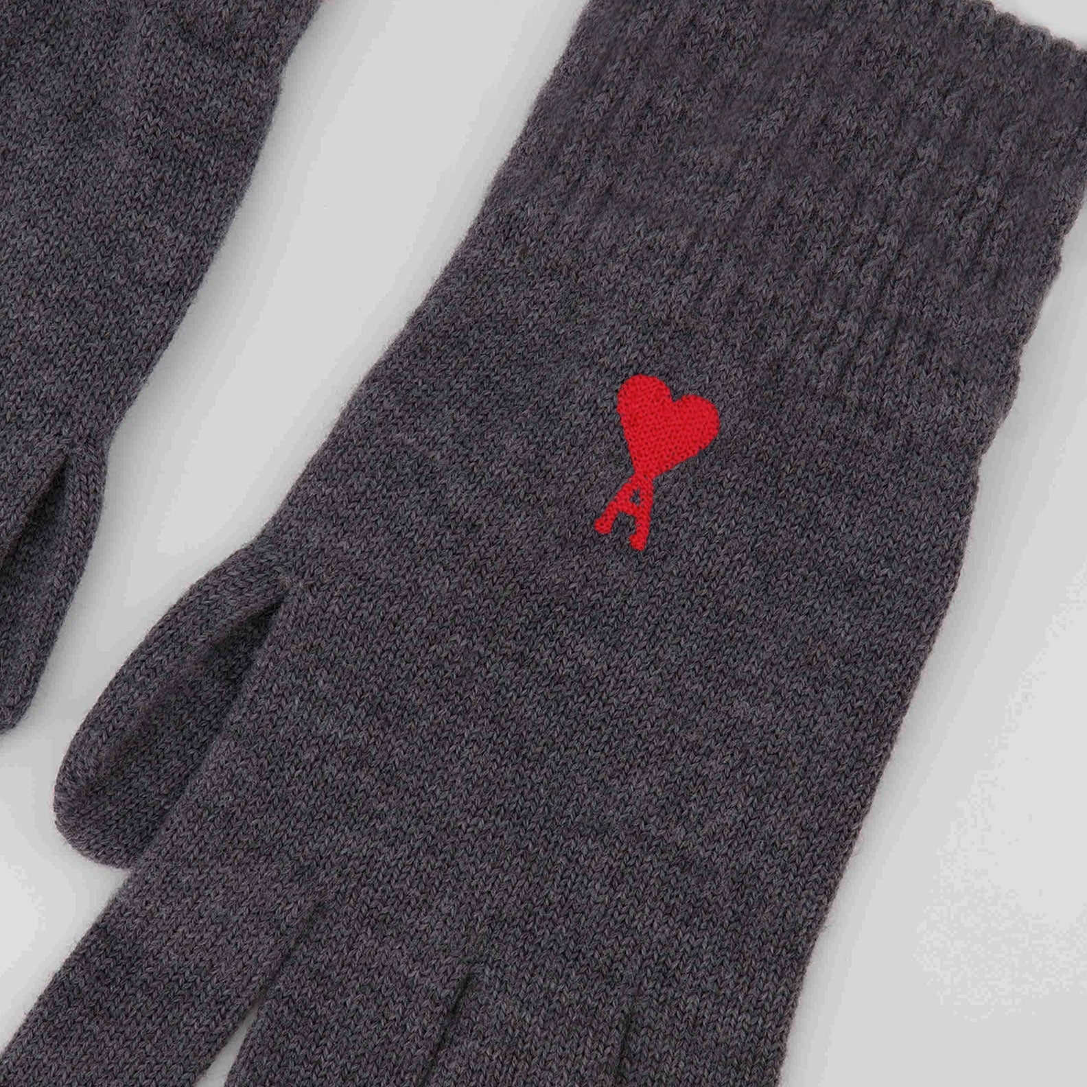 Ami de Cœur Gloves, Grey Wool Gloves, Luxury Unisex Gloves, Embroidered Logo Gloves, AMI Paris Accessories