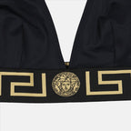 Versace bikini, luxury swimwear, black bikini top, women's designer swimwear, haute couture swimwear