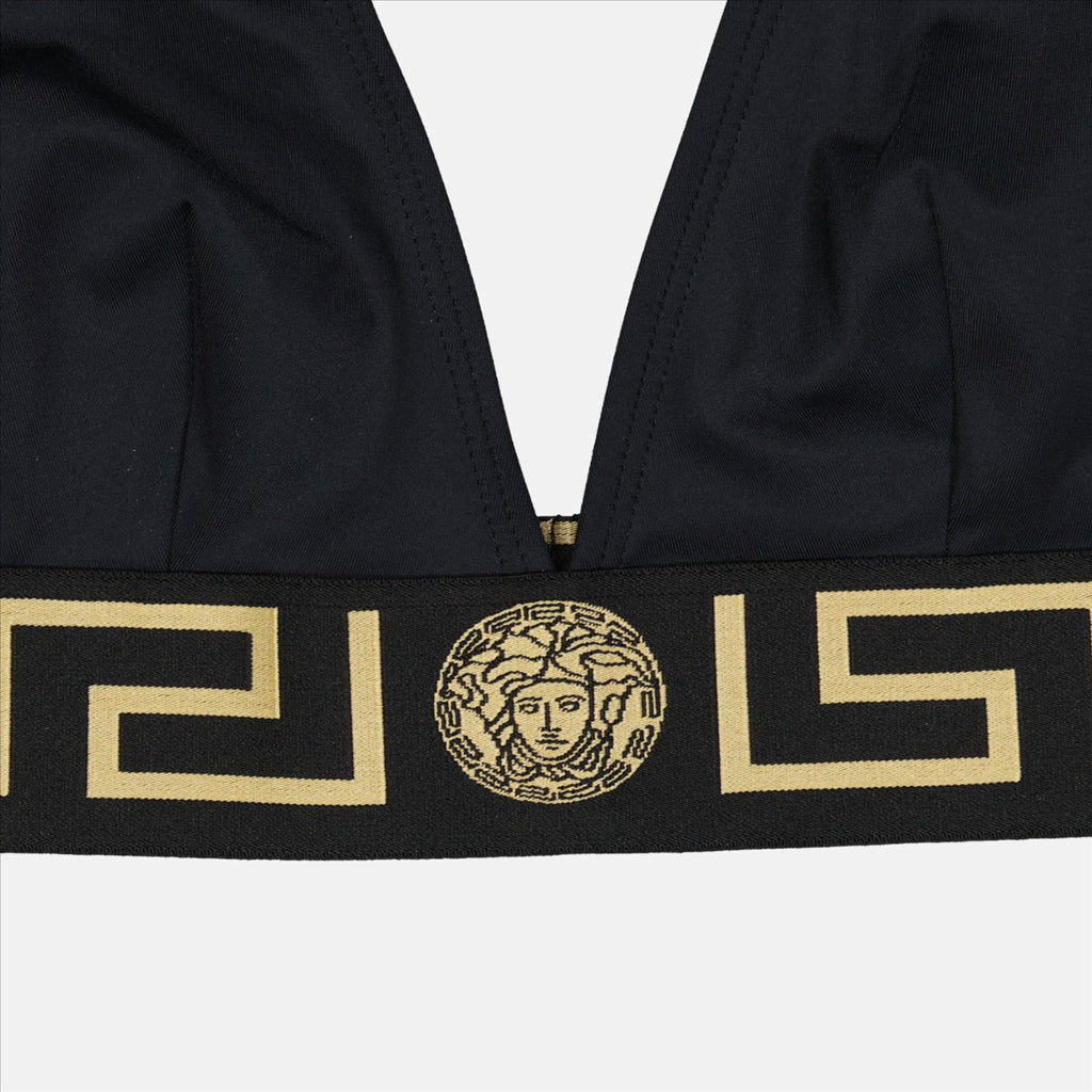 Versace bikini, luxury swimwear, black bikini top, women's designer swimwear, haute couture swimwear