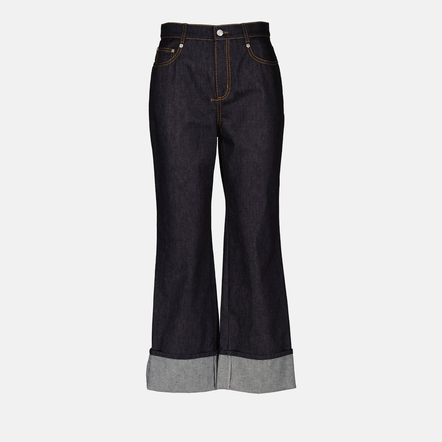 high-waisted jeans, Alexander McQueen jeans, luxury denim, women’s designer jeans, rolled cuff jeans