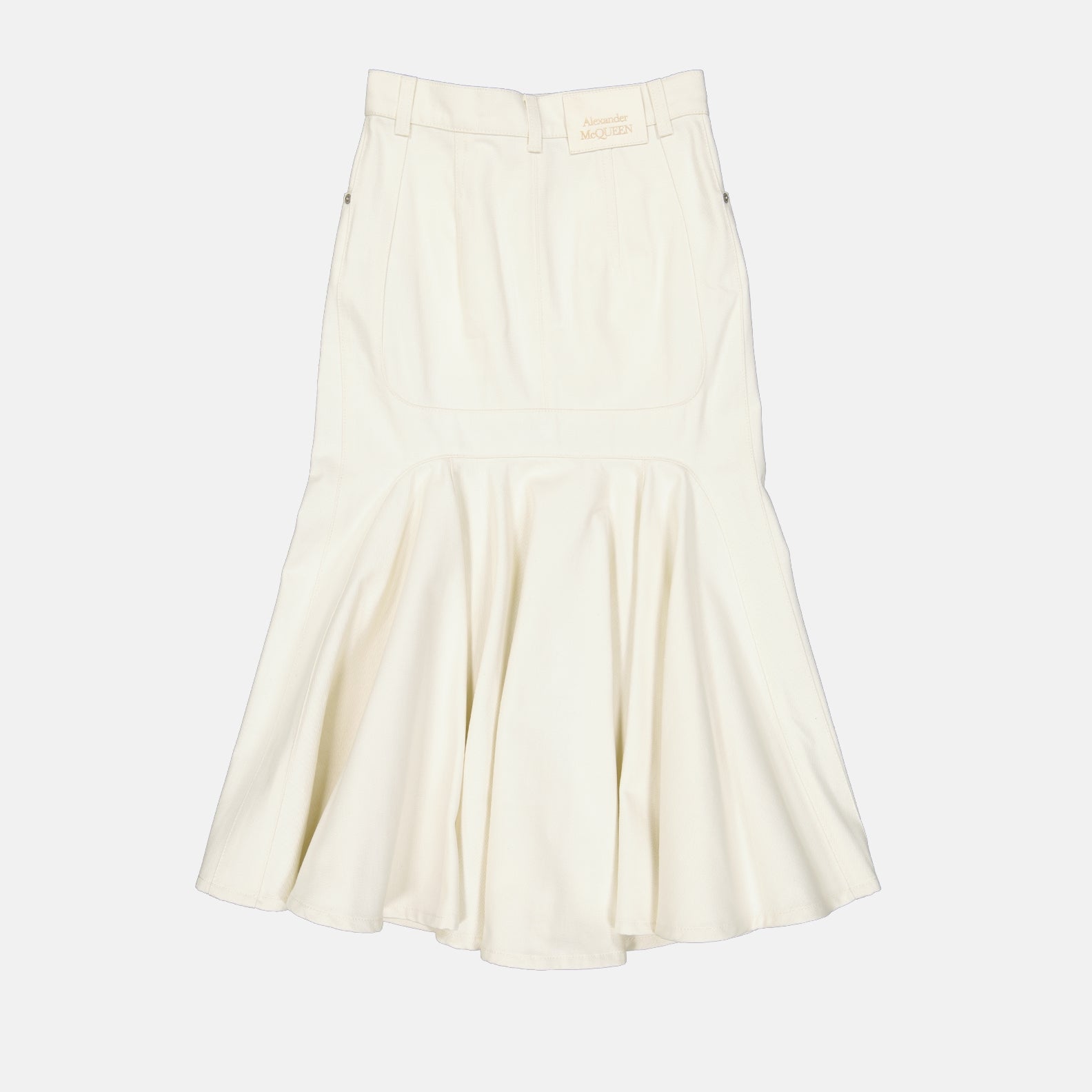 Alexander McQueen skirt, white denim skirt, luxury women's clothing, designer denim, high-end fashion