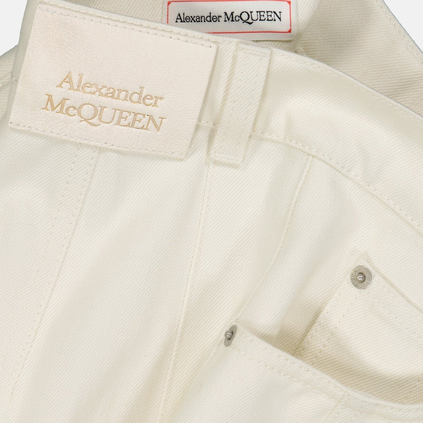 Alexander McQueen skirt, white denim skirt, luxury women's clothing, designer denim, high-end fashion