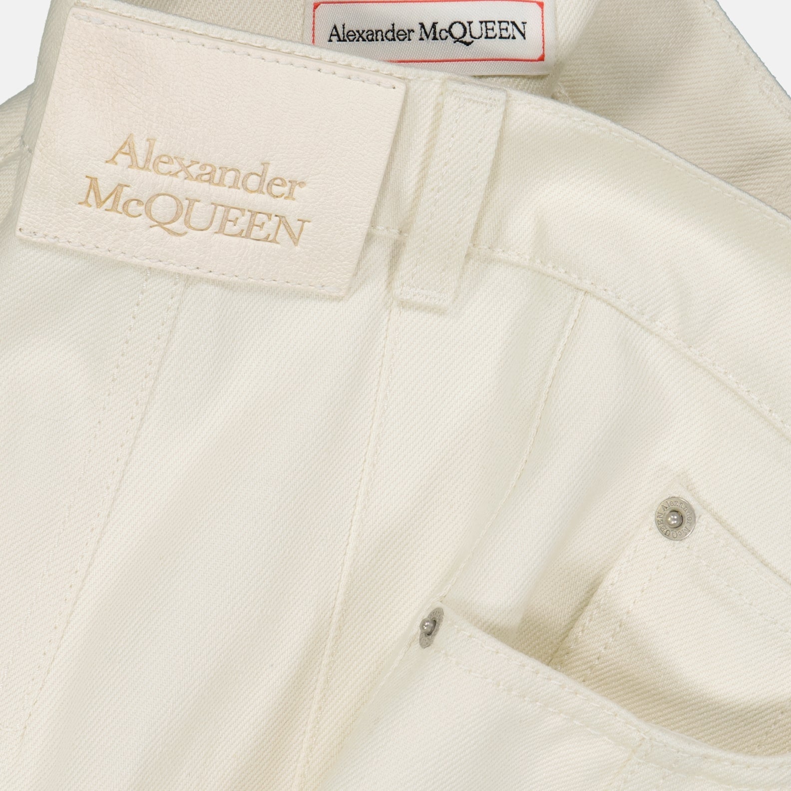 Alexander McQueen skirt, white denim skirt, luxury women's clothing, designer denim, high-end fashion