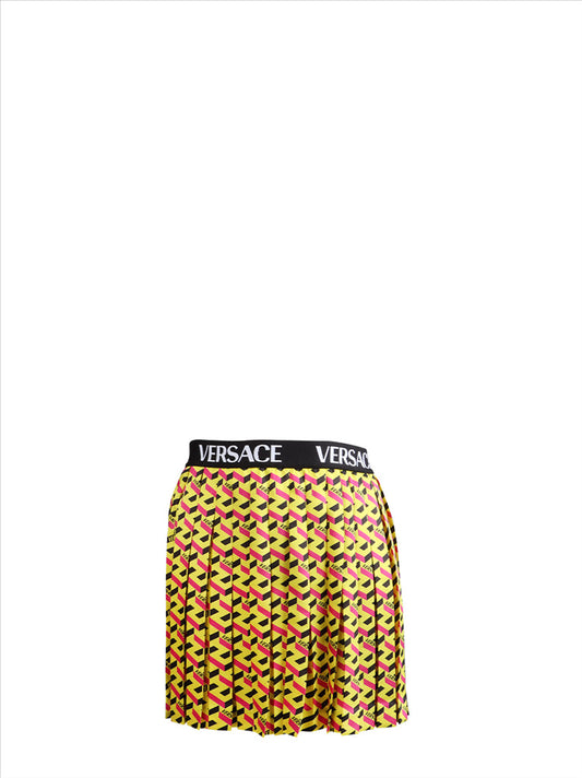 Versace kids skirt, Jupe Greca yellow, luxury children's wear, designer skirts for kids, Versace Greca print