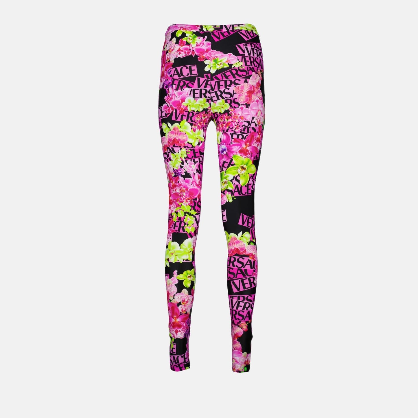 Versace leggings, luxury women's wear, designer leggings, high-end fashion, Medusa Orchid pattern