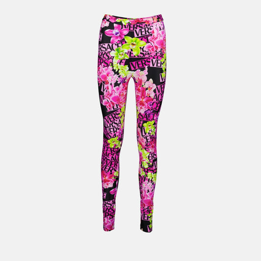 Versace leggings, luxury women's wear, designer leggings, high-end fashion, Medusa Orchid pattern