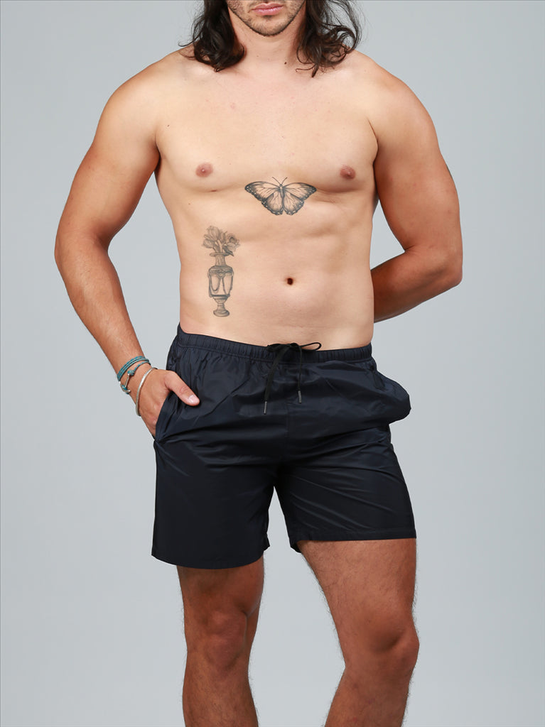 Prada, men's swim trunks, luxury swimwear, blue swim shorts, designer swimwear
**