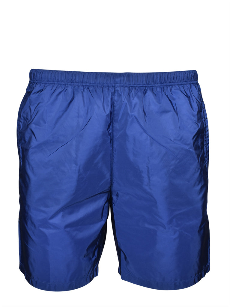 Prada swim trunks, luxury men's swimwear, blue swim shorts, high-end beachwear, designer swimwear