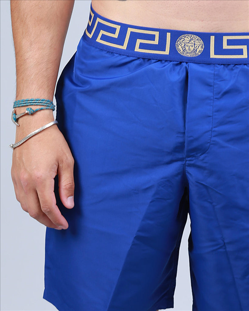 Versace swim trunks, Medusa blue swimwear, luxury men's swimwear, high-end men's fashion, designer beachwear