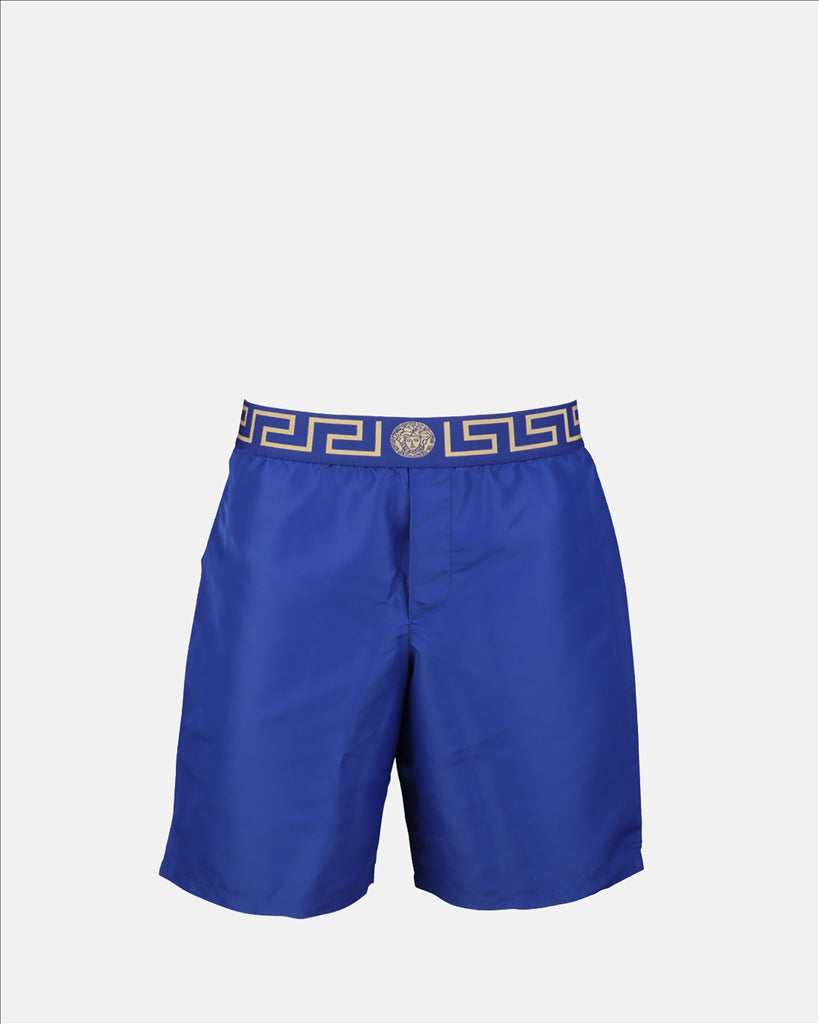 Versace swim trunks, Medusa blue swimwear, luxury men's swimwear, high-end men's fashion, designer beachwear