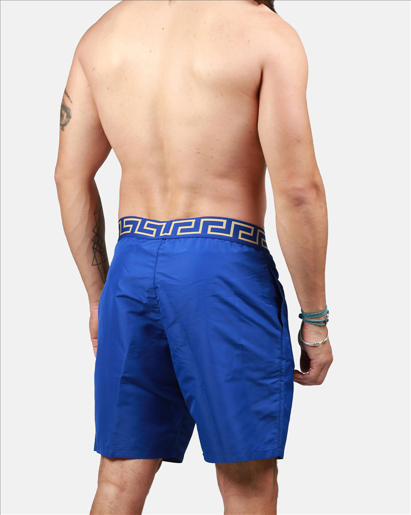 Versace swim trunks, Medusa blue swimwear, luxury men's swimwear, high-end men's fashion, designer beachwear