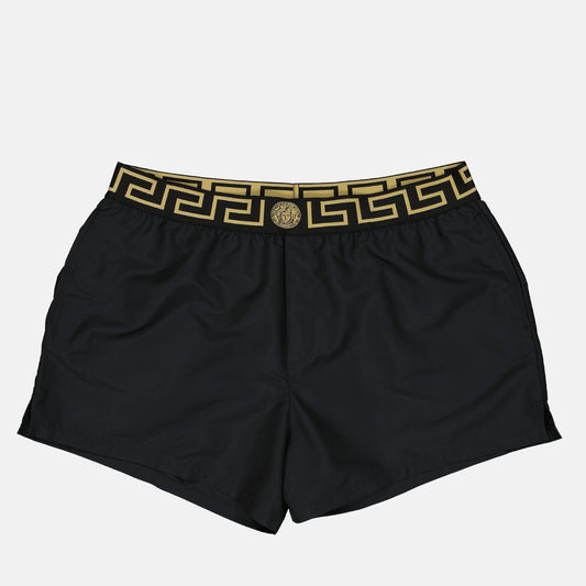 Versace swimwear, men's luxury swimwear, black designer swimwear, Medusa swimwear, high-end men's fashion