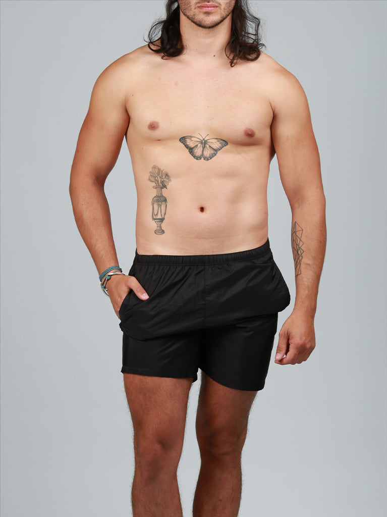 Prada swim trunks, luxury swimwear, black swim trunks, high-end swimwear, men's fashion