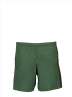 luxury swim shorts, Alexander McQueen, khaki swim shorts, logo swimwear, designer beachwear