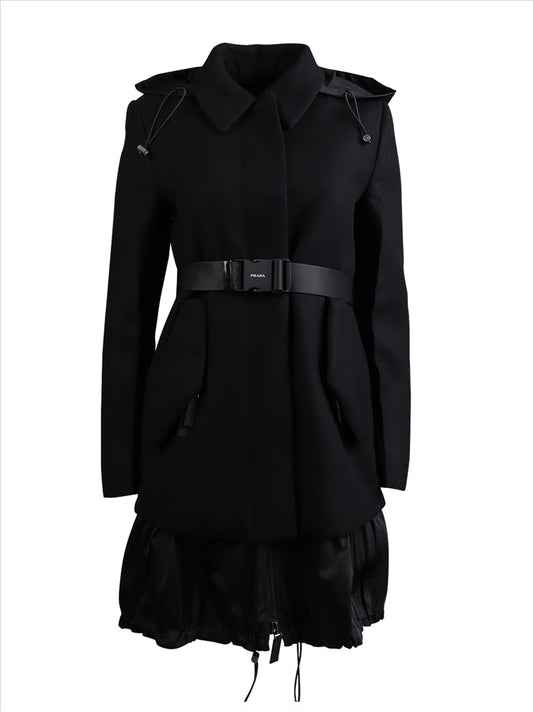 Prada, Bi-material coat, Women’s luxury coat, Black coat, High-end fashion