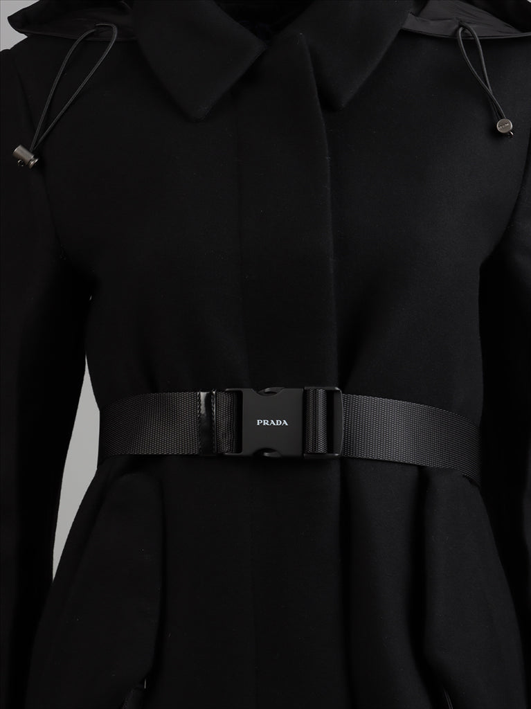 Prada, Bi-material coat, Women’s luxury coat, Black coat, High-end fashion