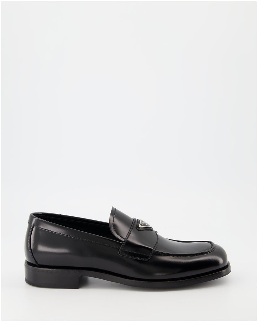 Prada loafers, premium leather, triangle logo, masculine elegance, luxurious comfort