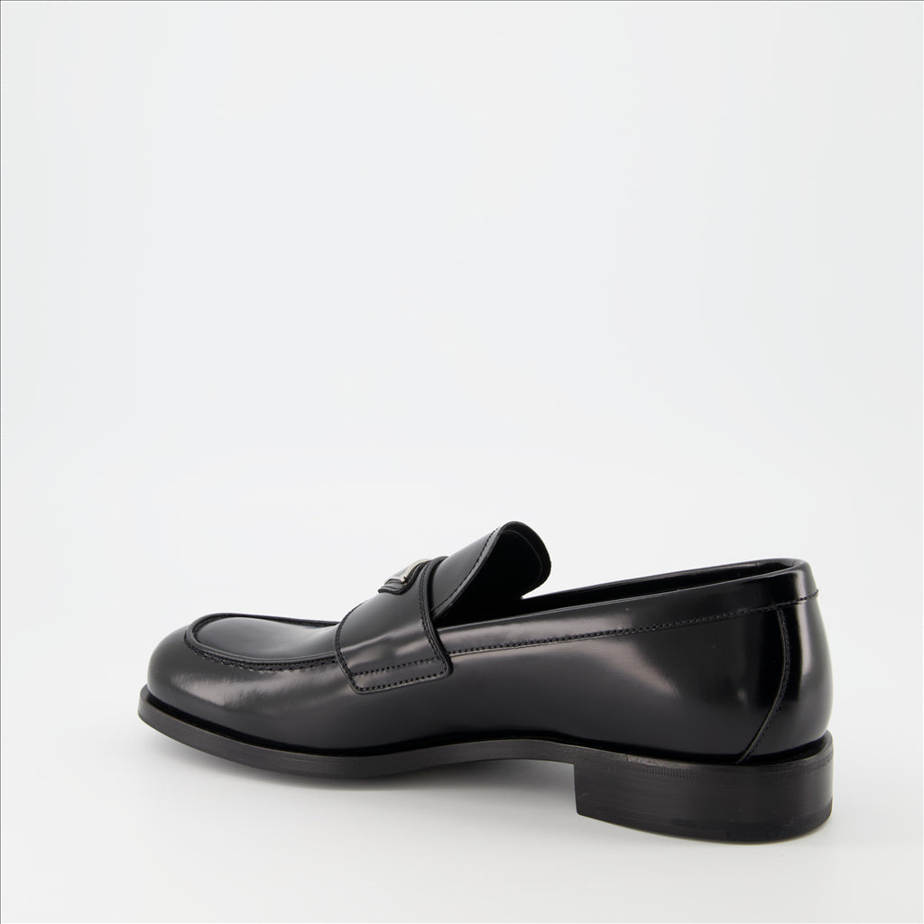 Prada loafers, premium leather, triangle logo, masculine elegance, luxurious comfort