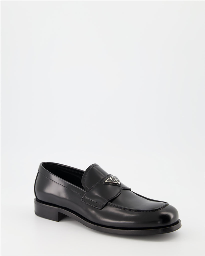 Prada loafers, premium leather, triangle logo, masculine elegance, luxurious comfort