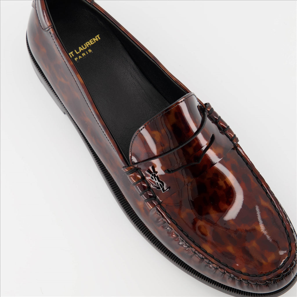 Patent loafers, tortoiseshell print, Saint Laurent, masculine elegance, luxury footwear