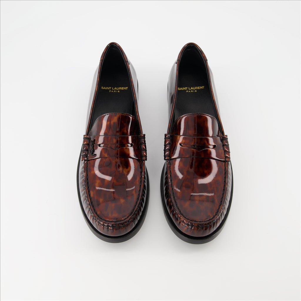 Patent loafers, tortoiseshell print, Saint Laurent, masculine elegance, luxury footwear