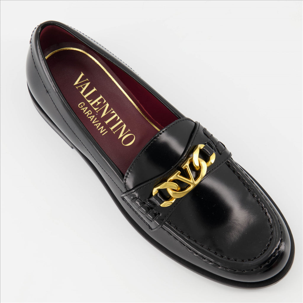 Luxury Loafers, Valentino Garavani Shoes, Black Leather Loafers, VLogo Chain, Elegant Footwear