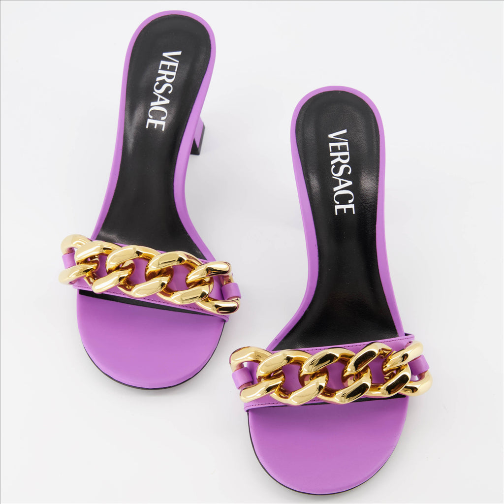 Versace Mules, Women's Shoes, Luxurious Elegance, Comfort and Style, Gold Chain