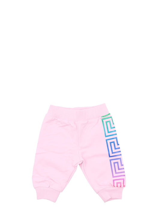 Versace kids, luxury children's fashion, neon pants, Greca pattern, high-end kidswear