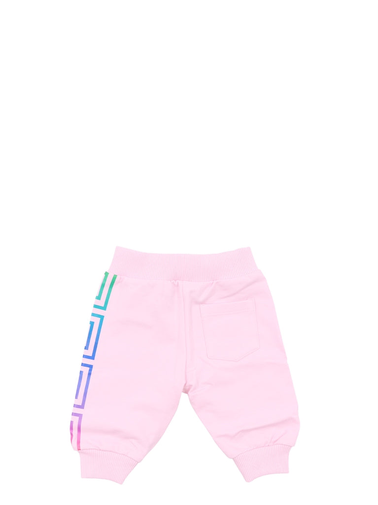 Versace kids, luxury children's fashion, neon pants, Greca pattern, high-end kidswear