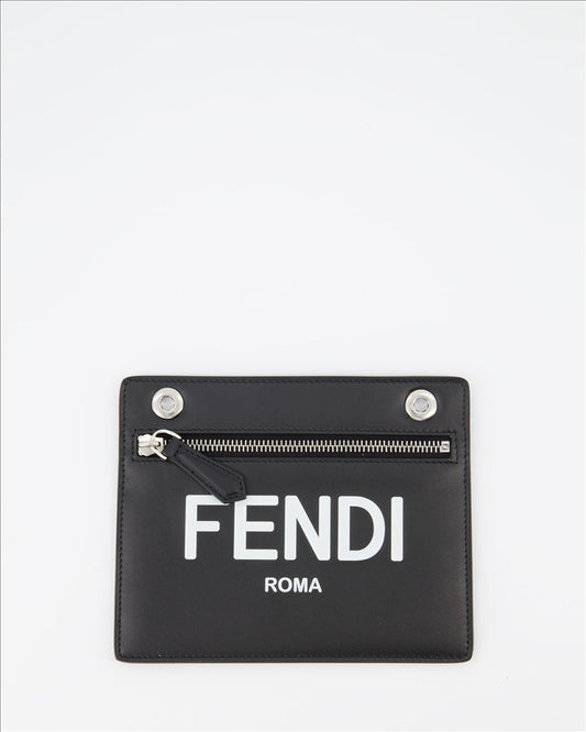 Fendi clutch, smooth black leather, unisex, luxury, FF monogram