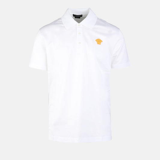 Versace polo, Medusa logo shirt, luxury men's wear, white polo shirt, high-end fashion