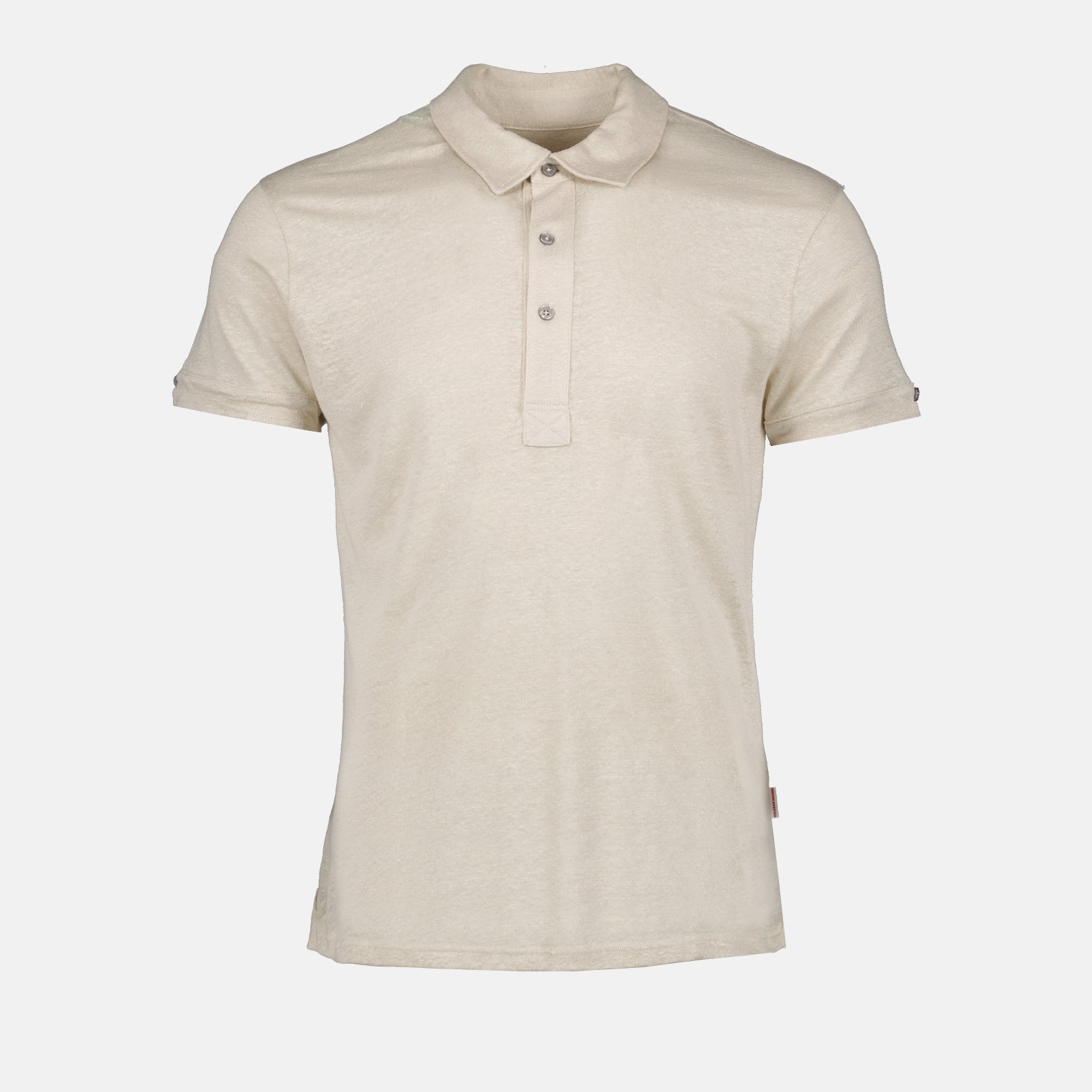 Orlebar Brown, beige linen polo, luxury men's wear, high-end fashion, designer polo shirt