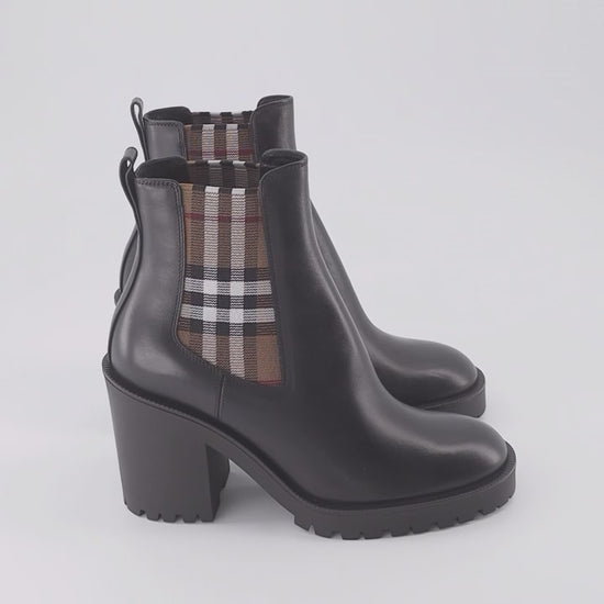 Burberry ankle boots, women's leather boots, black checked boots, luxury women's boots, stylish ankle boots