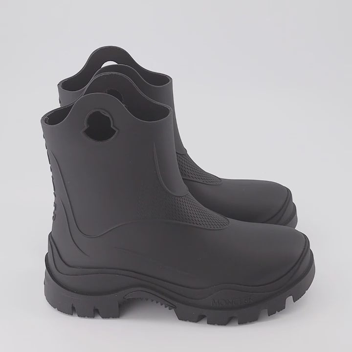 luxury rubber boots, black ankle boots, Moncler boots, stylish rain boots, waterproof footwear