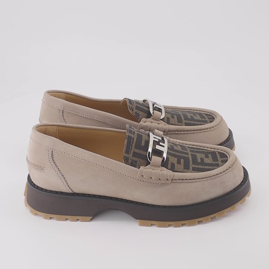 Fendi moccasins, luxury men’s footwear, O'Lock design, beige brown moccasins, designer men’s shoes