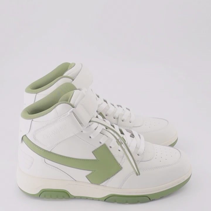 High-top sneakers, leather sneakers, white and green sneakers, Off-White sneakers, luxury footwear