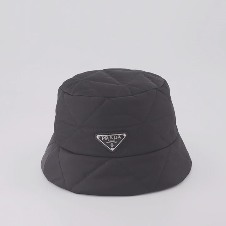 Prada bucket hat, triangle logo hat, women's luxury accessories, designer hats, black bucket hat