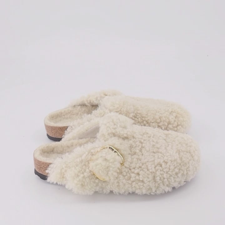 Boston Mules, Big Buckle, Plush Lamb Fur, Cork Footbed, Adjustable Strap