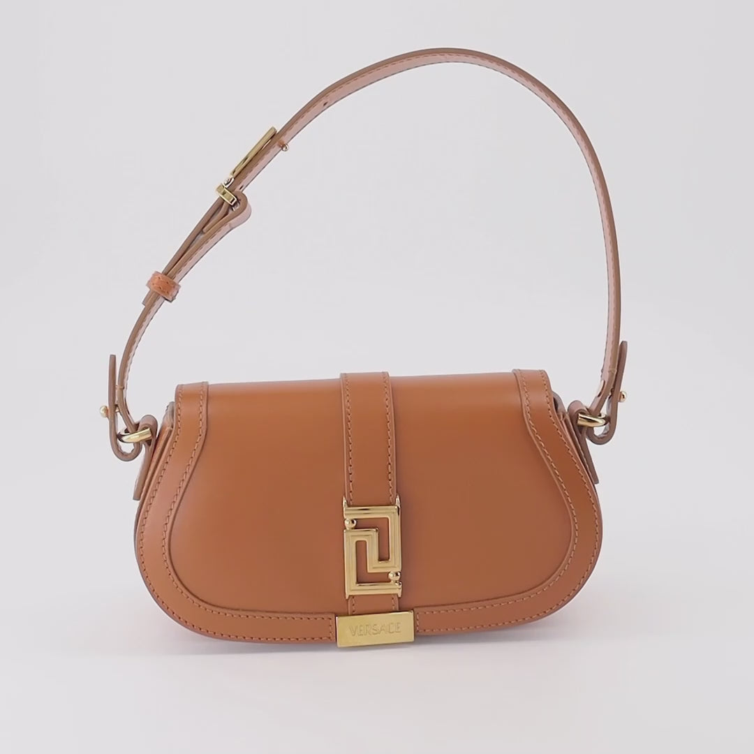 Versace handbag, Small Greca Goddess Bag, luxury women's accessories, elegant brown leather bag, high-end fashion