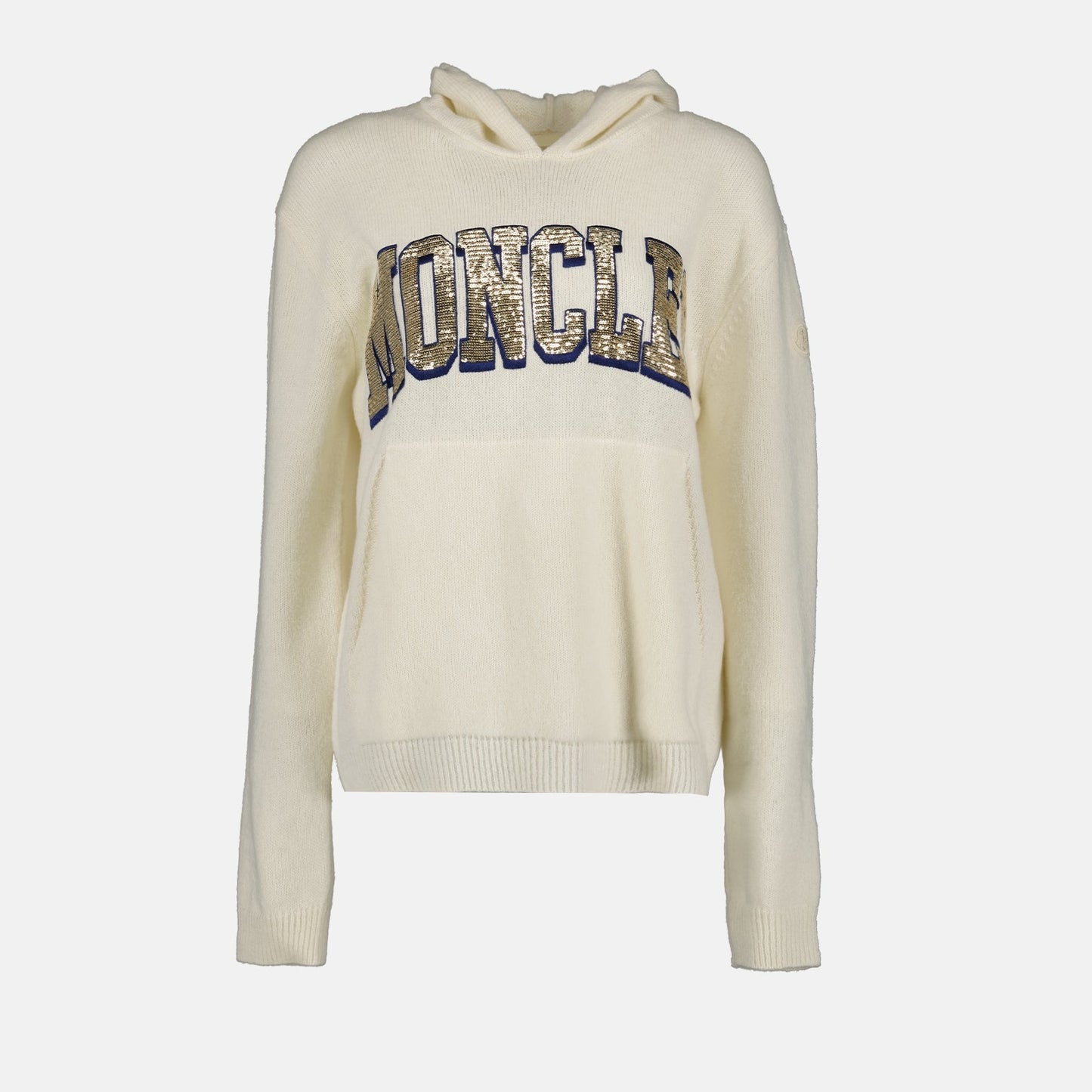 Moncler, beige hooded pullover, luxury women's hoodie, designer casual wear, premium women’s apparel