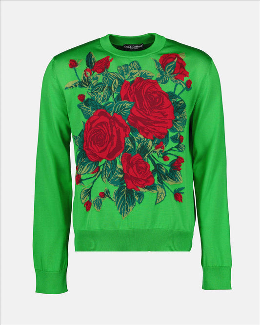 Dolce & Gabbana Men's Sweater, Green Printed Sweater, Luxury Men's Sweater, Silk Sweater, Rose Print Sweater