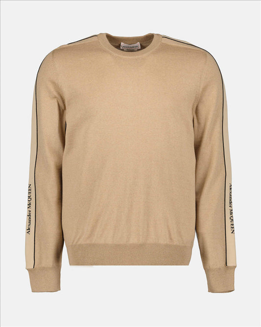 Men's Beige Sweater, Alexander McQueen, Men's Wool Sweater, Embroidered Logo Sweater, Ribbed Trim Sweater