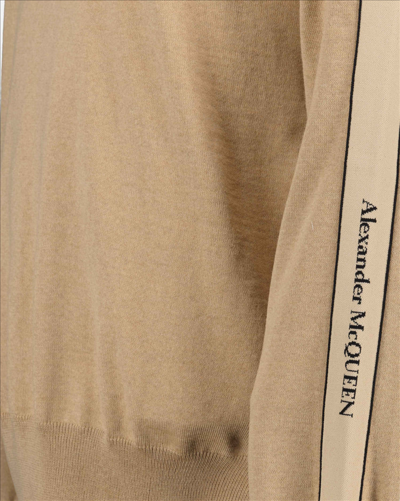 Men's Beige Sweater, Alexander McQueen, Men's Wool Sweater, Embroidered Logo Sweater, Ribbed Trim Sweater