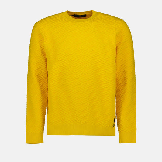 Fendi men's sweater, Yellow crewneck sweater, Designer knitwear, Luxury menswear, FF pattern sweater