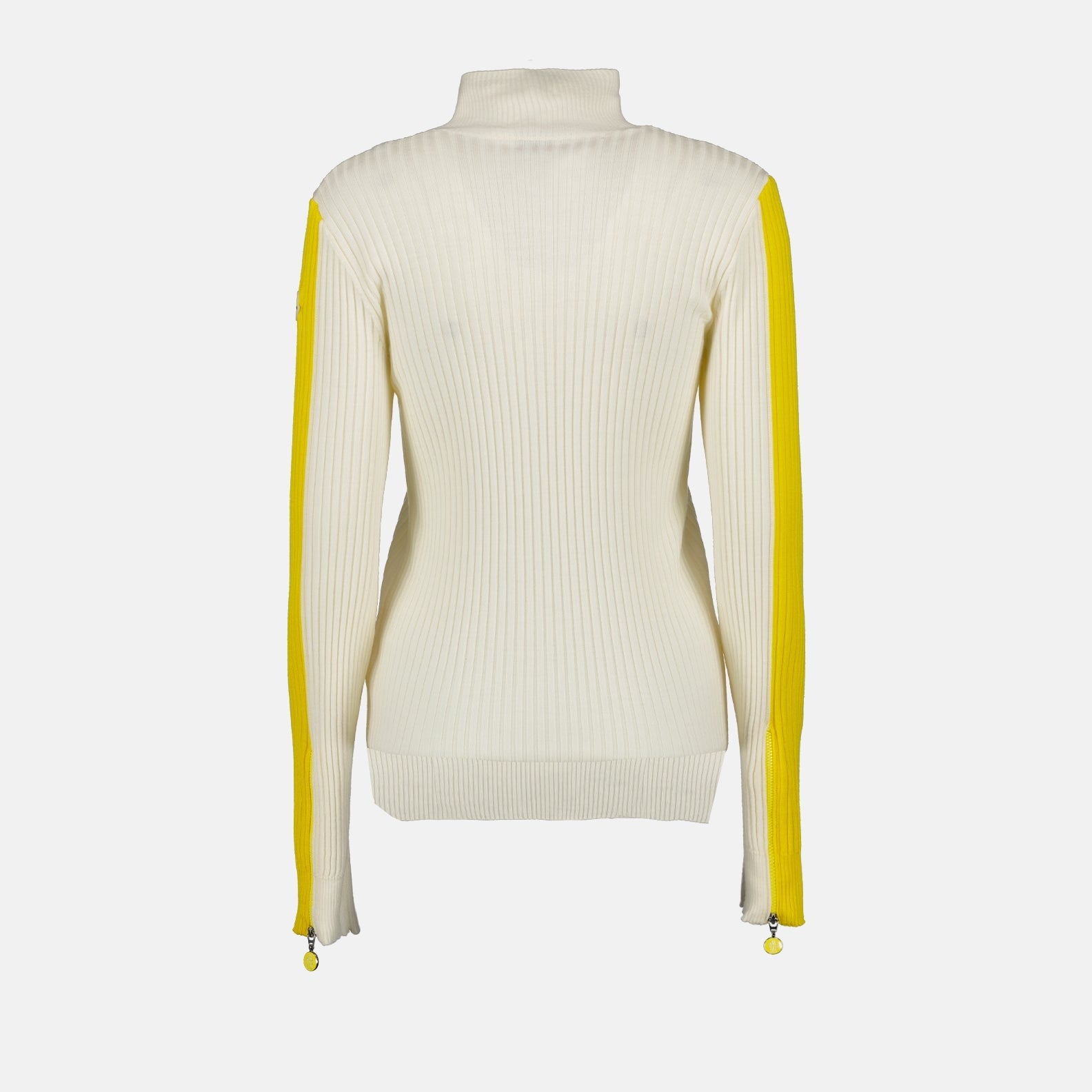 Moncler turtleneck, Women's luxury knitwear, White yellow sweater, Elegant pullovers, High-end fashion