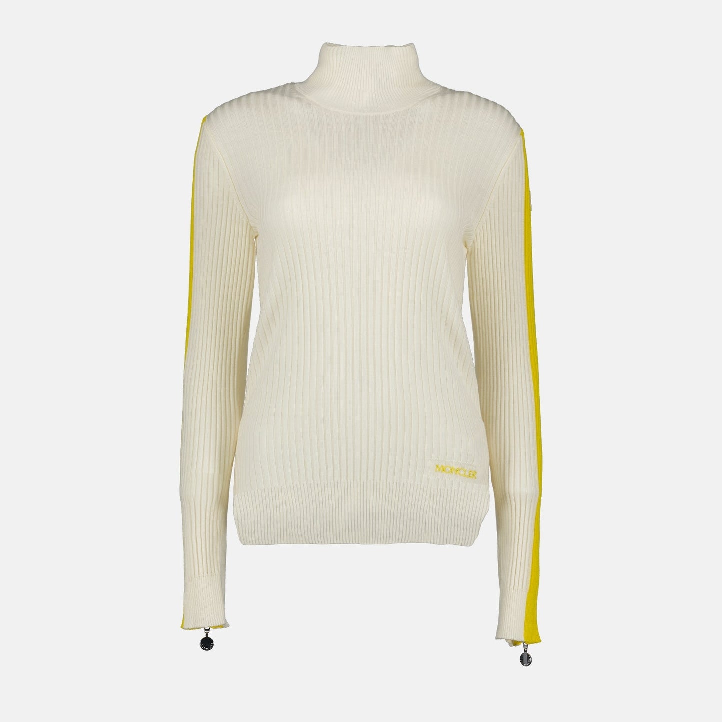 Moncler turtleneck, Women's luxury knitwear, White yellow sweater, Elegant pullovers, High-end fashion