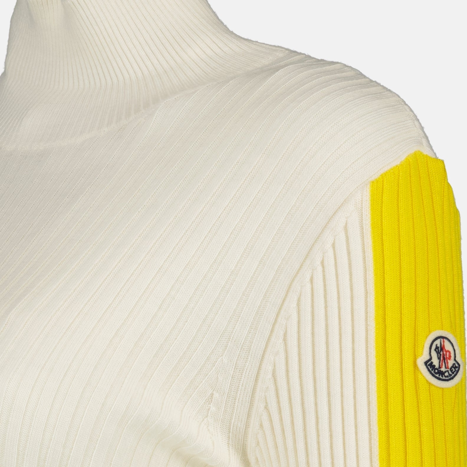 Moncler turtleneck, Women's luxury knitwear, White yellow sweater, Elegant pullovers, High-end fashion